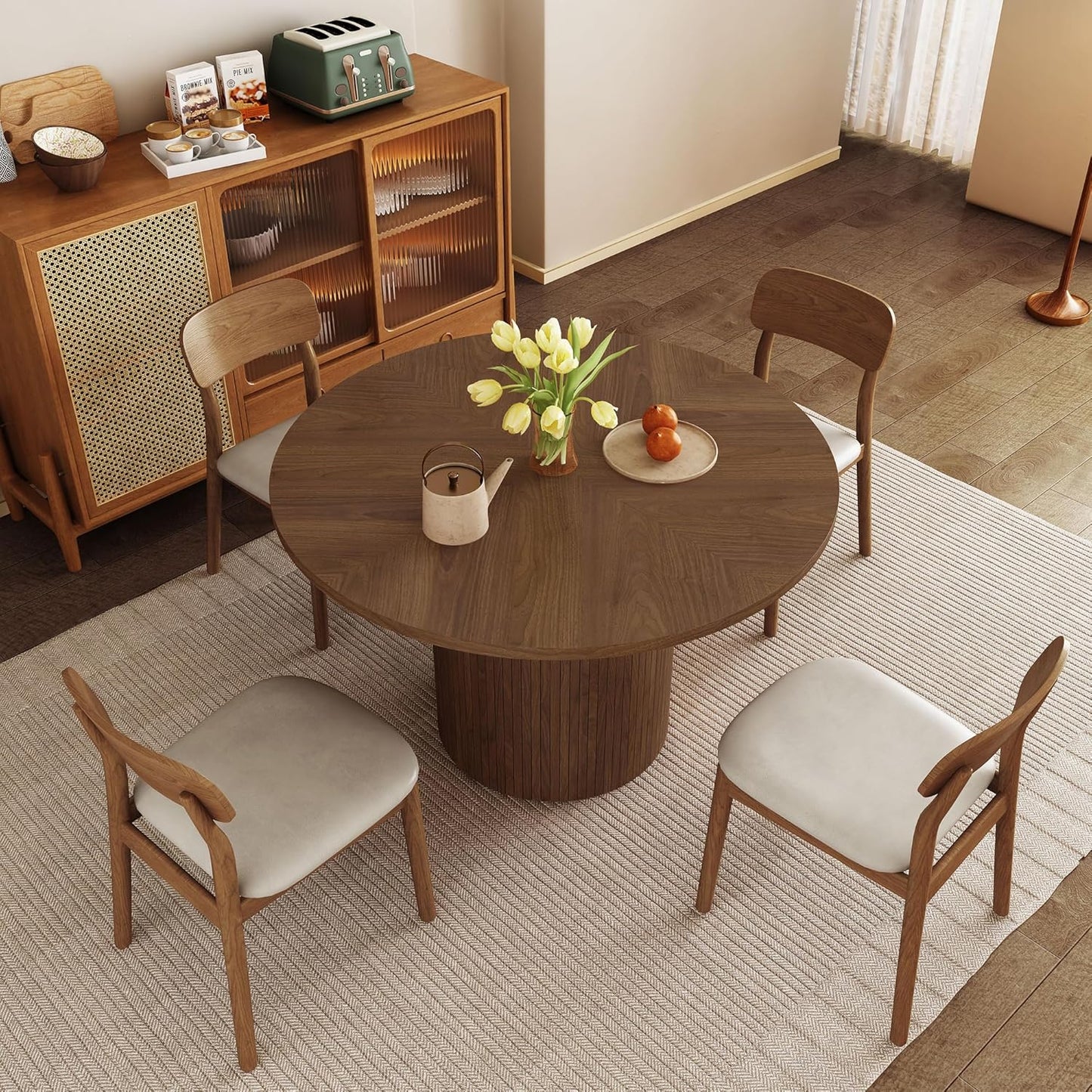 Round Dining Table for 4, Modern Farmhouse Kitchen Table, 47 Inch Small Circle Dining Tables with Wood Strip Base for Kitchen Living Room (Walnut)