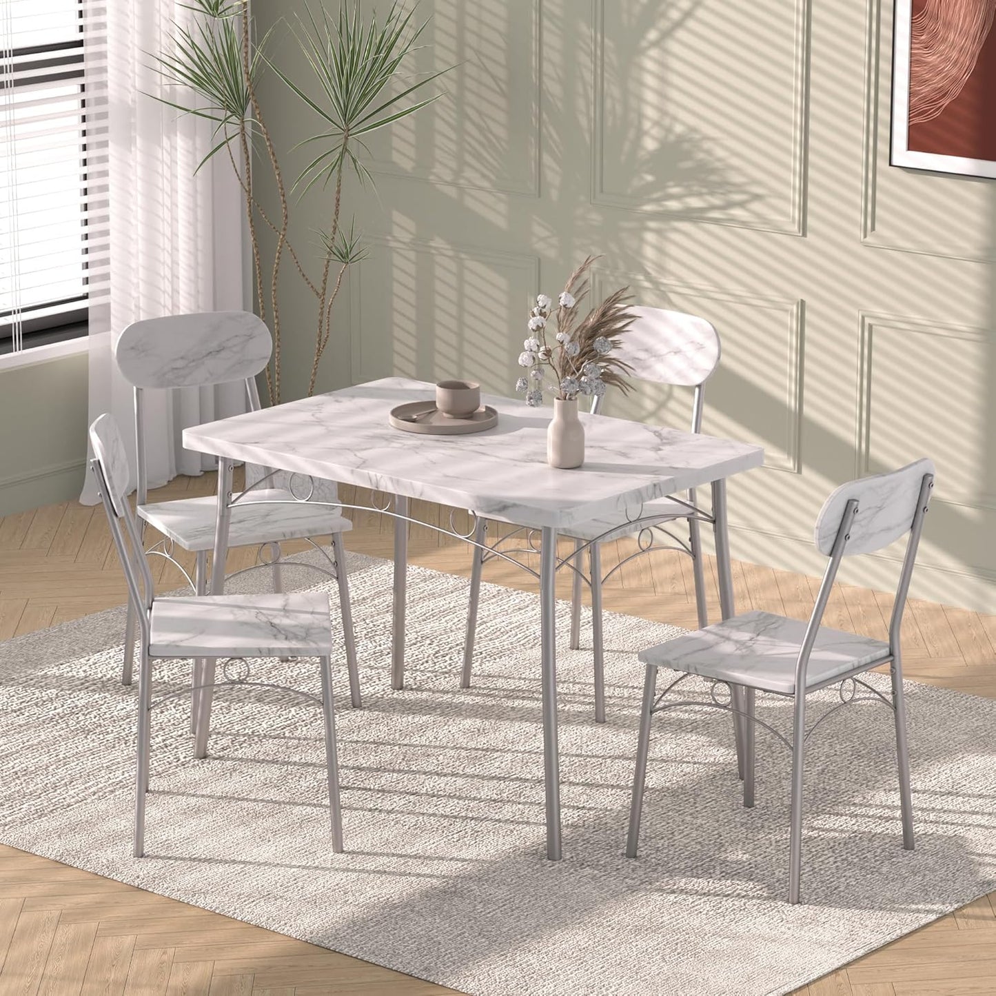 VECELO Dining Table Set for 4, 5-Piece Kitchen Table with 4 Chairs, MDF Board Tabletop with Metal Frame for Small Space, Compact Dinette, Breakfast Nook, White