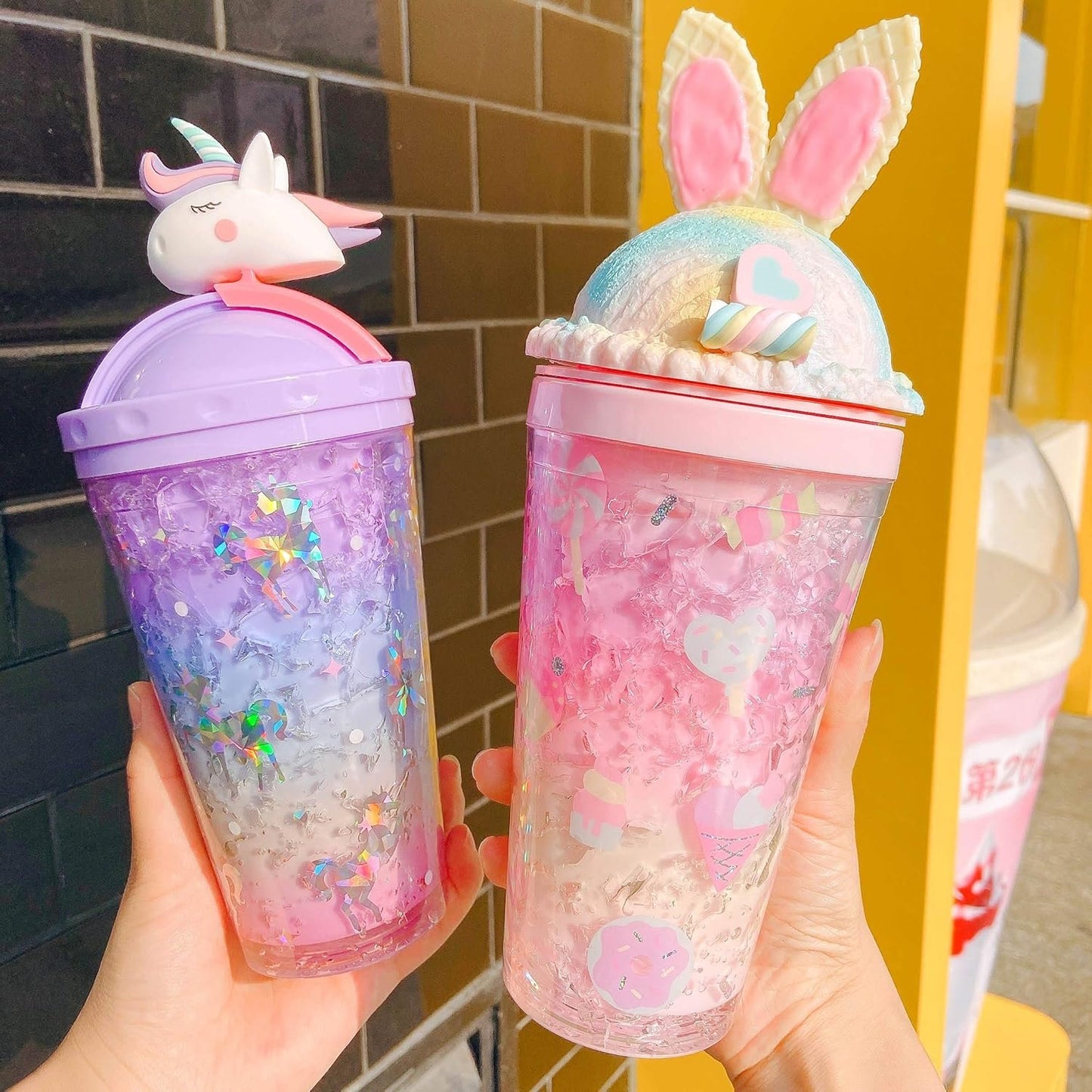 seelucky Bunny Travel Tumbler Girl Ice Drinking Cup Freezer Frosty Mug with Straw Picnic Party Birthday Gift (bunny blue, 450 ml)