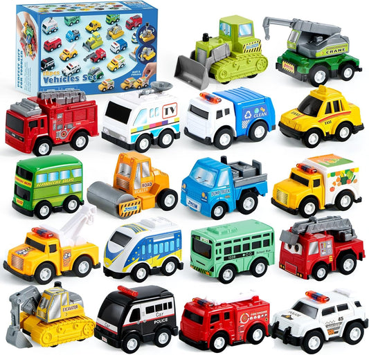 18 Piece Pull Back City Cars and Trucks Toy Vehicles Set Model Car, Friction Powered Die-Cast Cars for Toddlers, Boys, and Girls’ Educational Play - Kids Presents Toys