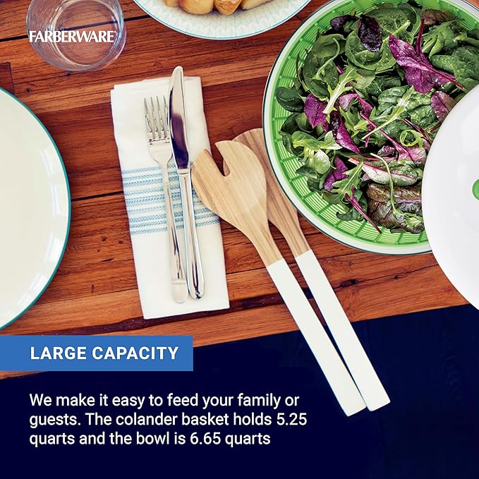 Farberware Easy to use pro Pump Spinner with Bowl, Colander and Built in draining System for Fresh, Crisp, Clean Salad and Produce, 6.6 quart, Green
