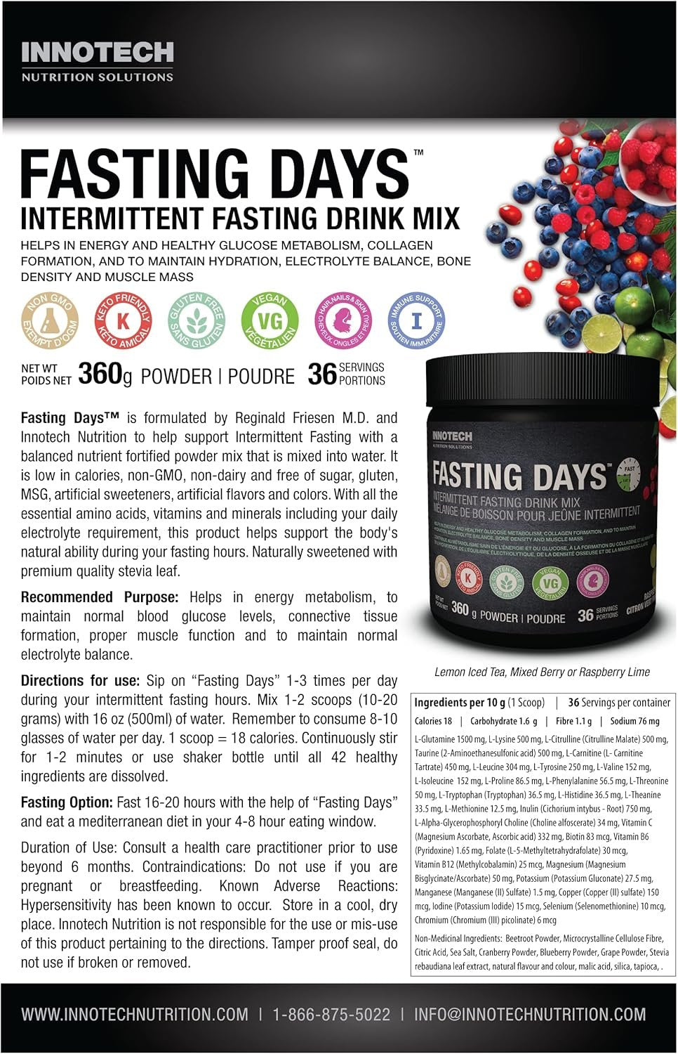 Innotech Nutrition Fasting Days Intermittent Fasting Drink Mix - Raspberry Lime - 360 g