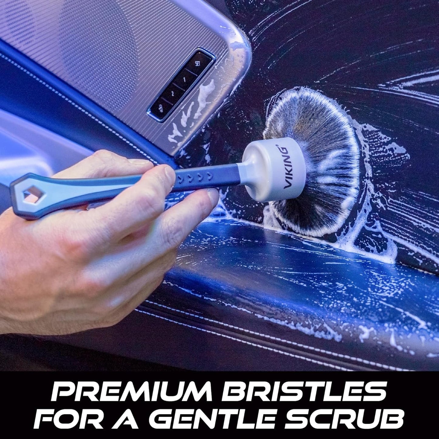 VIKING Car Detailing Brush Set for Car Cleaning Kit, Super-Soft Bristles for Interior Detail, Black/Grey, Includes Medium 1 Inch Diameter and Large 1.5 Inch Diameter Brush Heads, 2 Pack