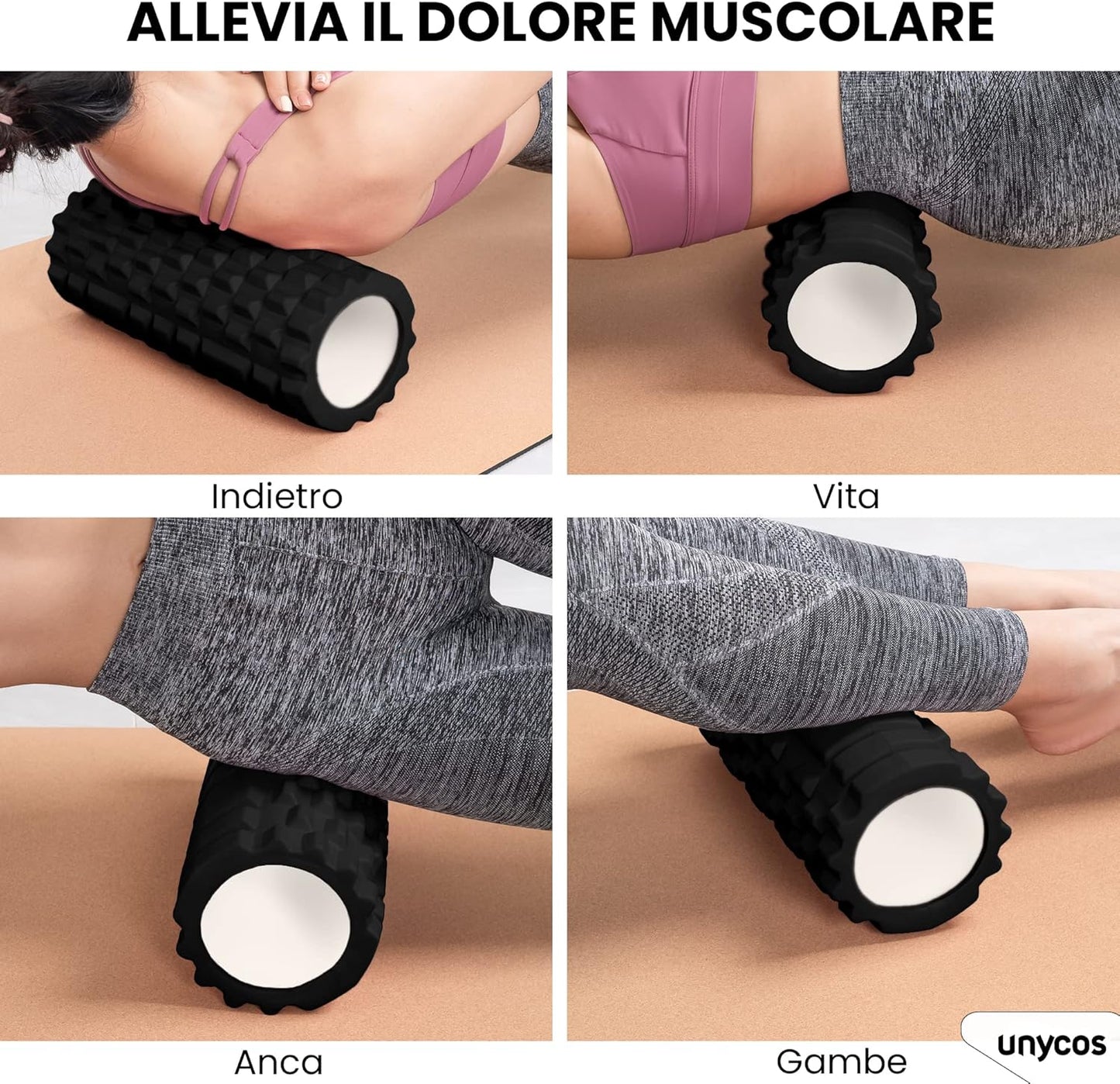 unycos - Foam Roller for Muscle Self-Massage, Fitness Roller in Hard EVA for Massages【Load 130 kg | 33 x 14 cm】Yoga, Pilates, Therapy that Improves Recovery in the Gym (Black)