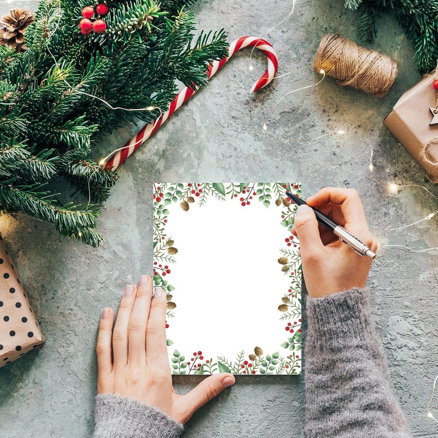 AnyDesign 60Pcs Christmas Stationery Paper 4 Design Christmas Green Plants Border Letterhead Winter Decorative Writing Paper for Xmas Notes Greeting Cards Invitation Office School Printing, 8.5 x 11"