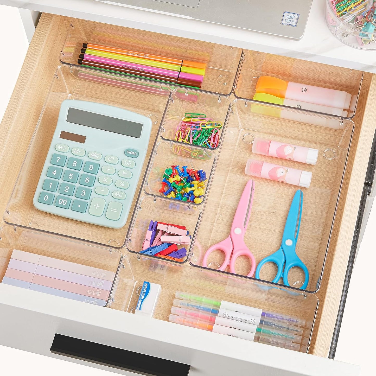 Vtopmart 44 PCS Clear Plastic Drawer Organizers Set, 4-Size Versatile Bathroom and Vanity Organizer Trays, Non-Slip Storage Containers for Makeup, Jewelries, Bedroom,Kitchen Utensils and Office