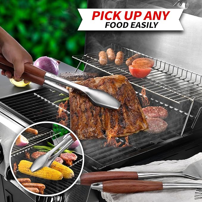 Heavy-Duty Rose Wooden BBQ Grilling Tools Set. Extra Thick Stainless Steel Multi-Function Spatula, Fork & Tongs | Essential Accessories for Barbecue & Grill. Ideal Gift for Fatherโฆ