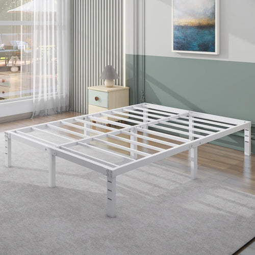 14 Inch Metal Platform Bed Frame No Box Spring Needed Heavy Duty Steel Slat Bed Frame Underbed Storage,White (Full)