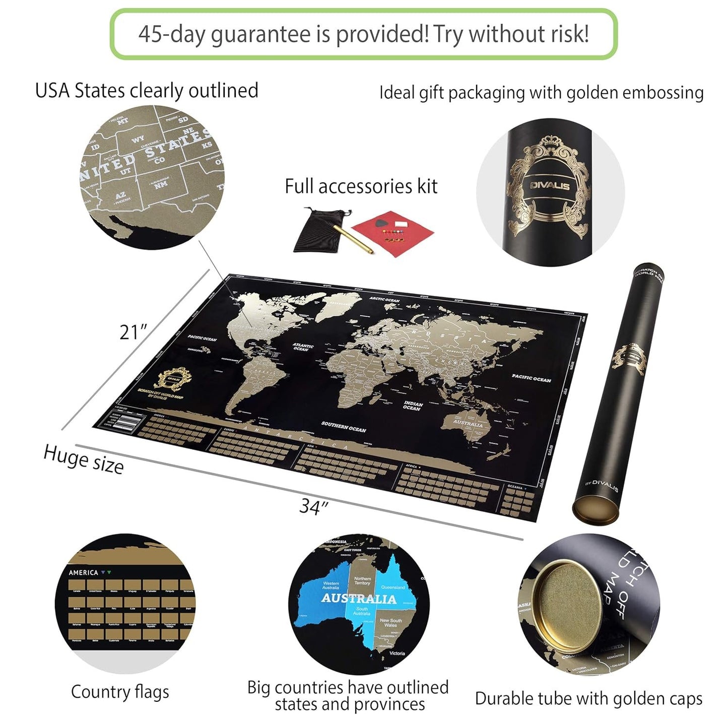 Detailed Scratch off World Map Poster - XL - Black and Gold Scratchable World Map - Glossy, Laminated Travel Poster - Full Accessories Kit - Best Gift Scratch off Map of the World By Divalis