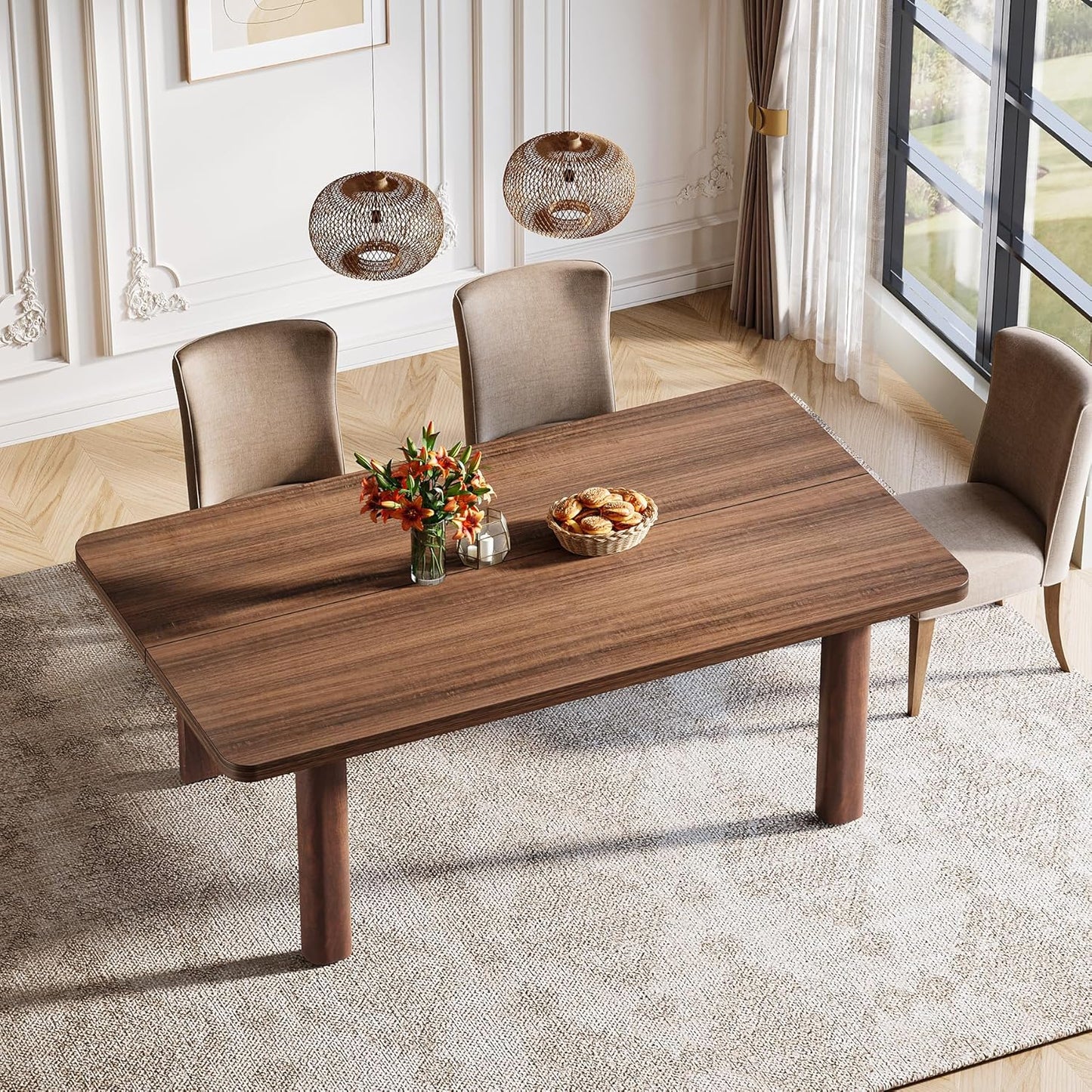 Tribesigns 63” Farmhouse Dining Table for 4-6 People, Large Wood Rectangle Kitchen Table, Dinner Table Kitchen & Dining Room Furniture with with Solid Wood Legs