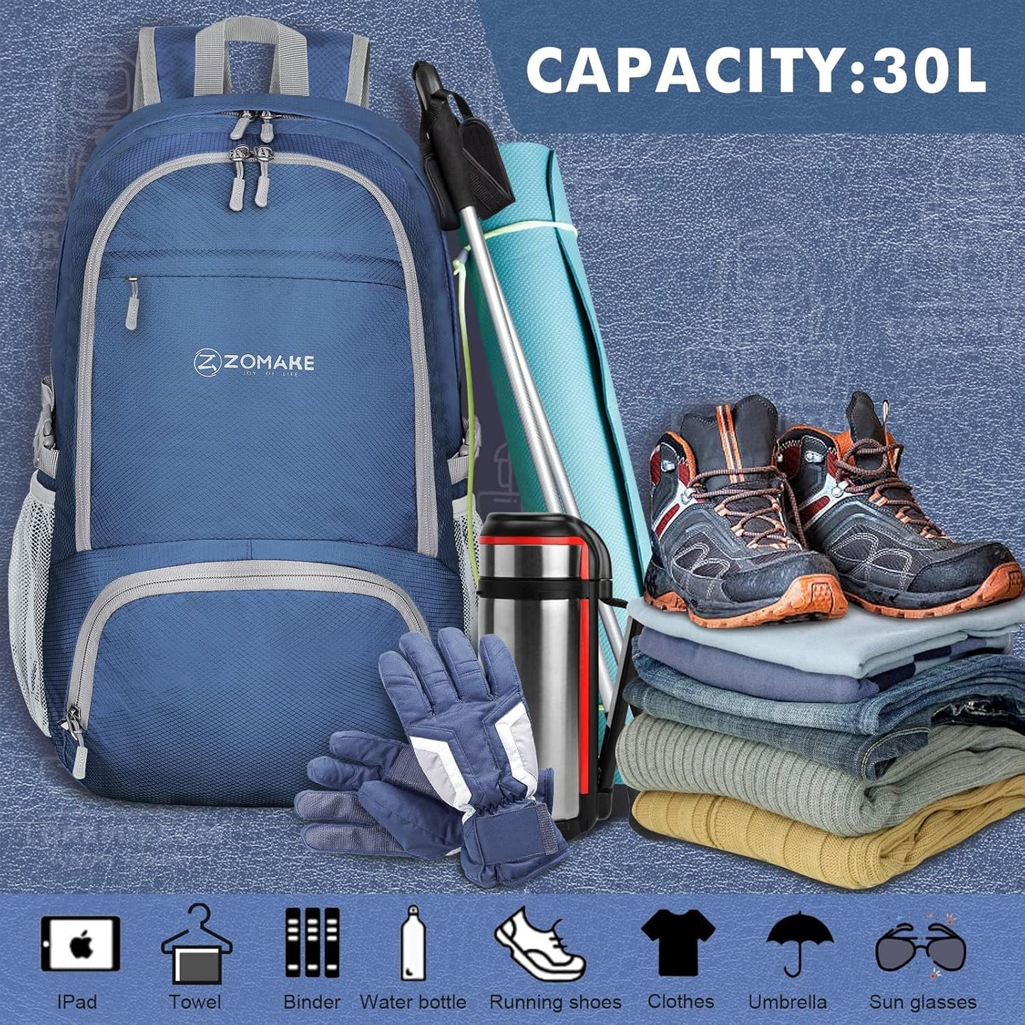 ZOMAKE Foldable Backpack - Lightweight Folding Packs 30L, Packable Hiking Daypack for Travel Outdoor Camping