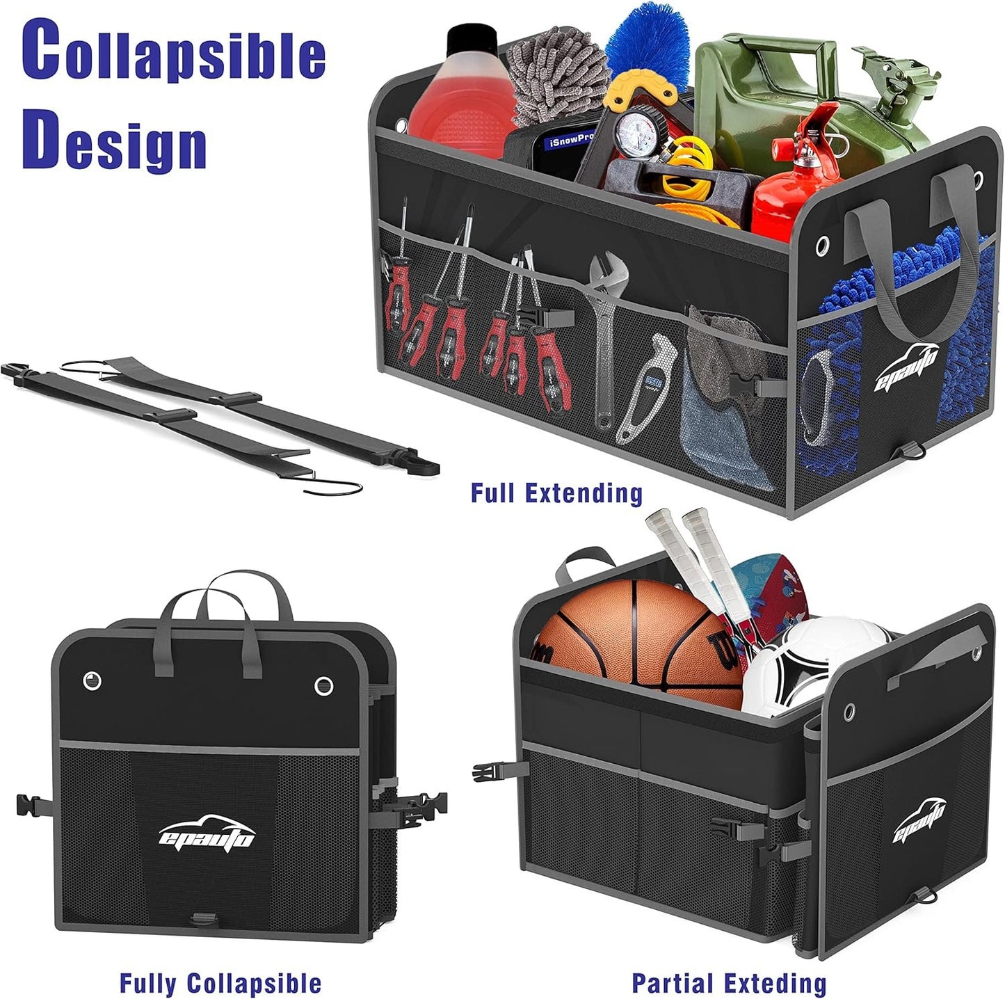 EPAuto Car Trunk Foldable Multi-Compartment Car Organizer with Removal Lid, Securing Straps and Buckles for Folding, Black