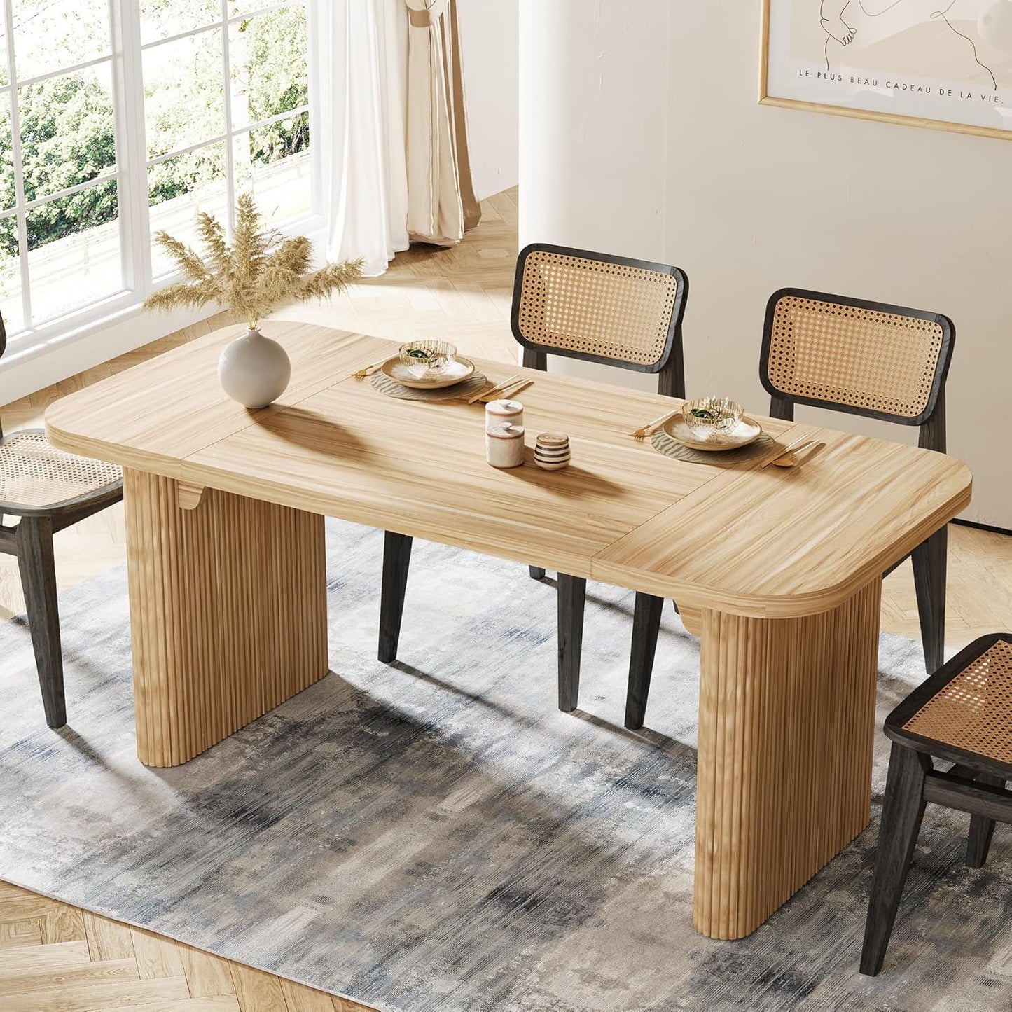 Tribesigns Farmhouse Dining Table for 4-6 People, 62-Inch Modern Kitchen Table with Double Robust Pedestal, Long Rectangular Wooden Dinner Table for Dining Room, Natural (Only Table)