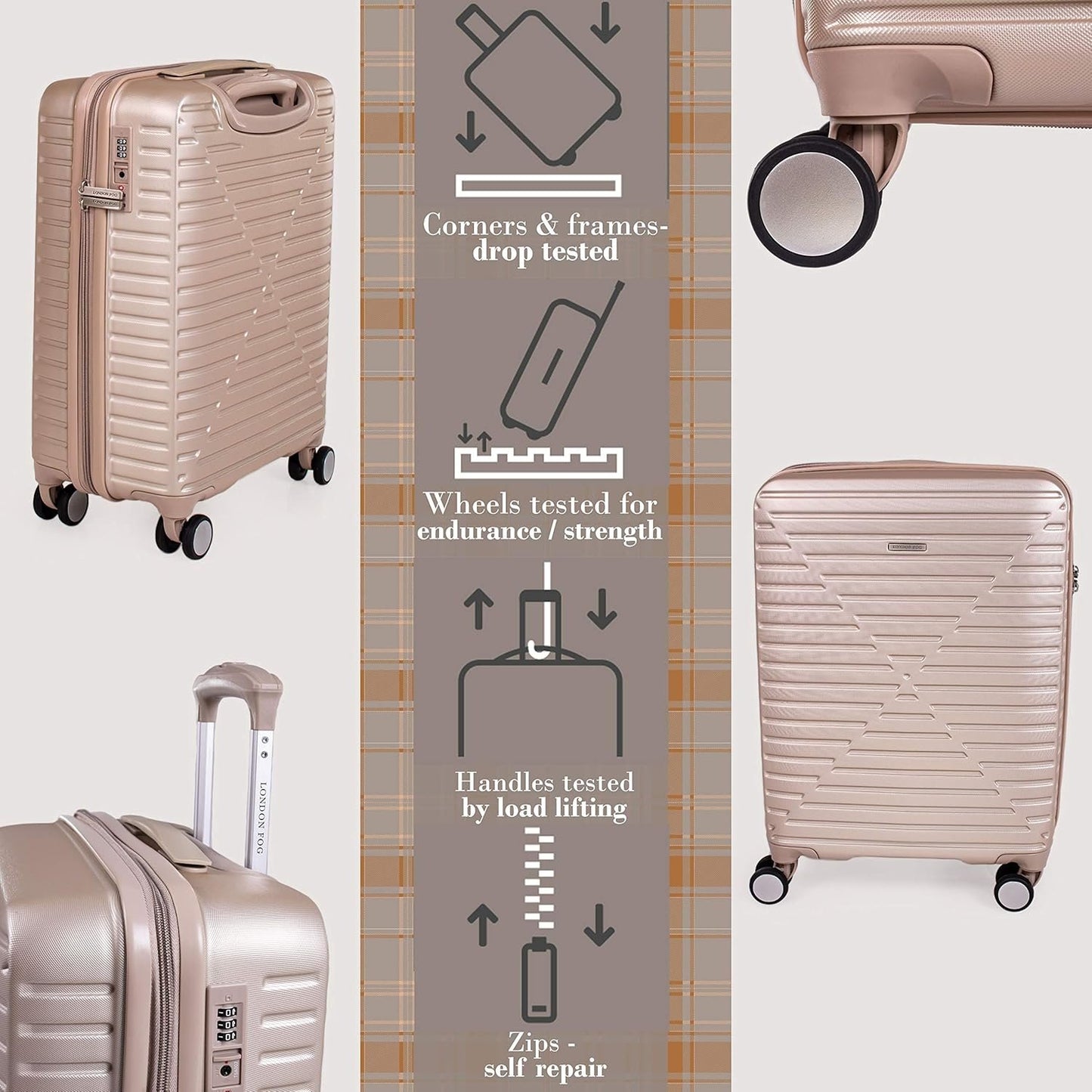 london Fog ABS Hard Case - 8 Wheel Spinner Travel Luggage | Telescopic Drag Handle | TSA Security Locks LFL005, champagne, Suitcase