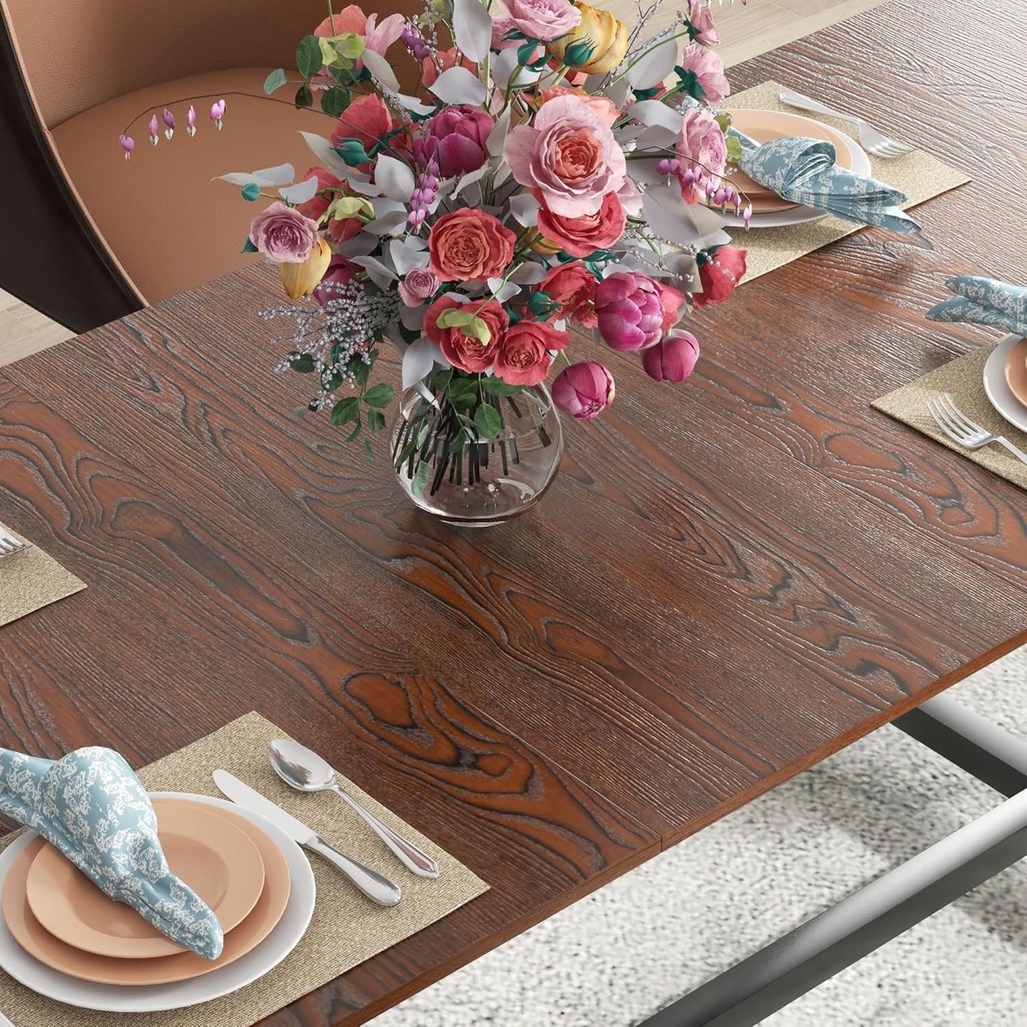 HOMCOM Extendable Dining Table for 4-6, Industrial Folding Kitchen Table with Steel Frame, 63"-79" Adjustable Tabletop, Brown Wood Grain