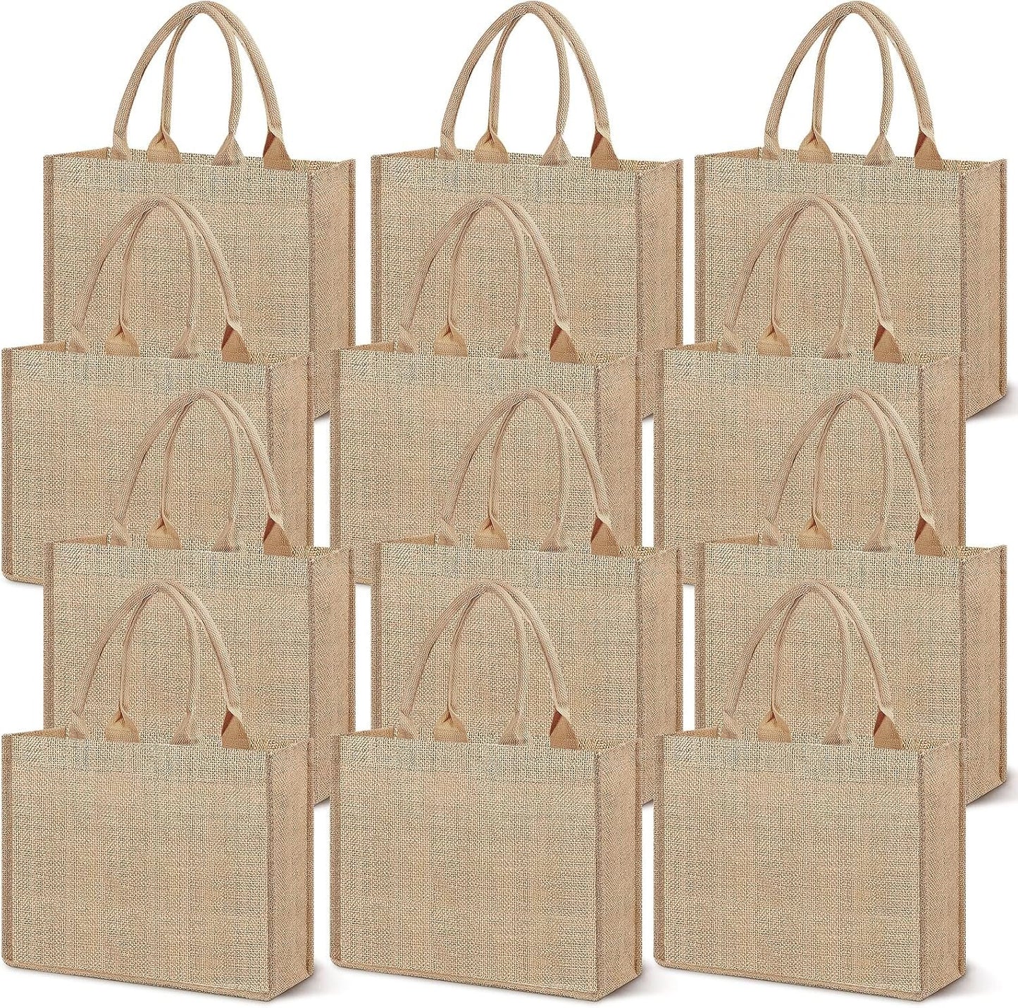 12 Pack Burlap Tote Bag, Reusable Jute Bags with Handles, Large Jute Shopping Canvas Bags Burlap Gift Bags Bulk Kitchen Reusable Grocery Bags for Women Wedding DIY Art Crafts, 16 x 12 x 7.8 inch