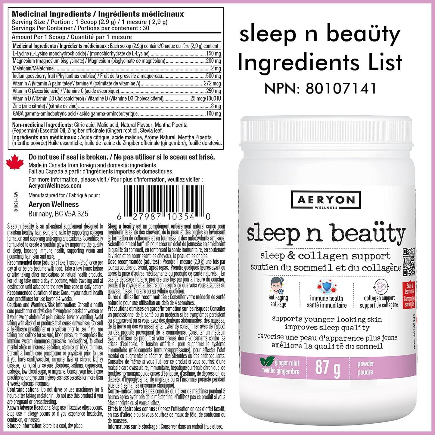Sleep n Beaüty by Aeryon Wellness - Natural Sleep Aid - Supports Immunity & Collagen Formation - Naturally Calm Mind & Body for Restful Sleep - Natural Sleep Vitamin (Ginger Mint Flavour, 30 servings)