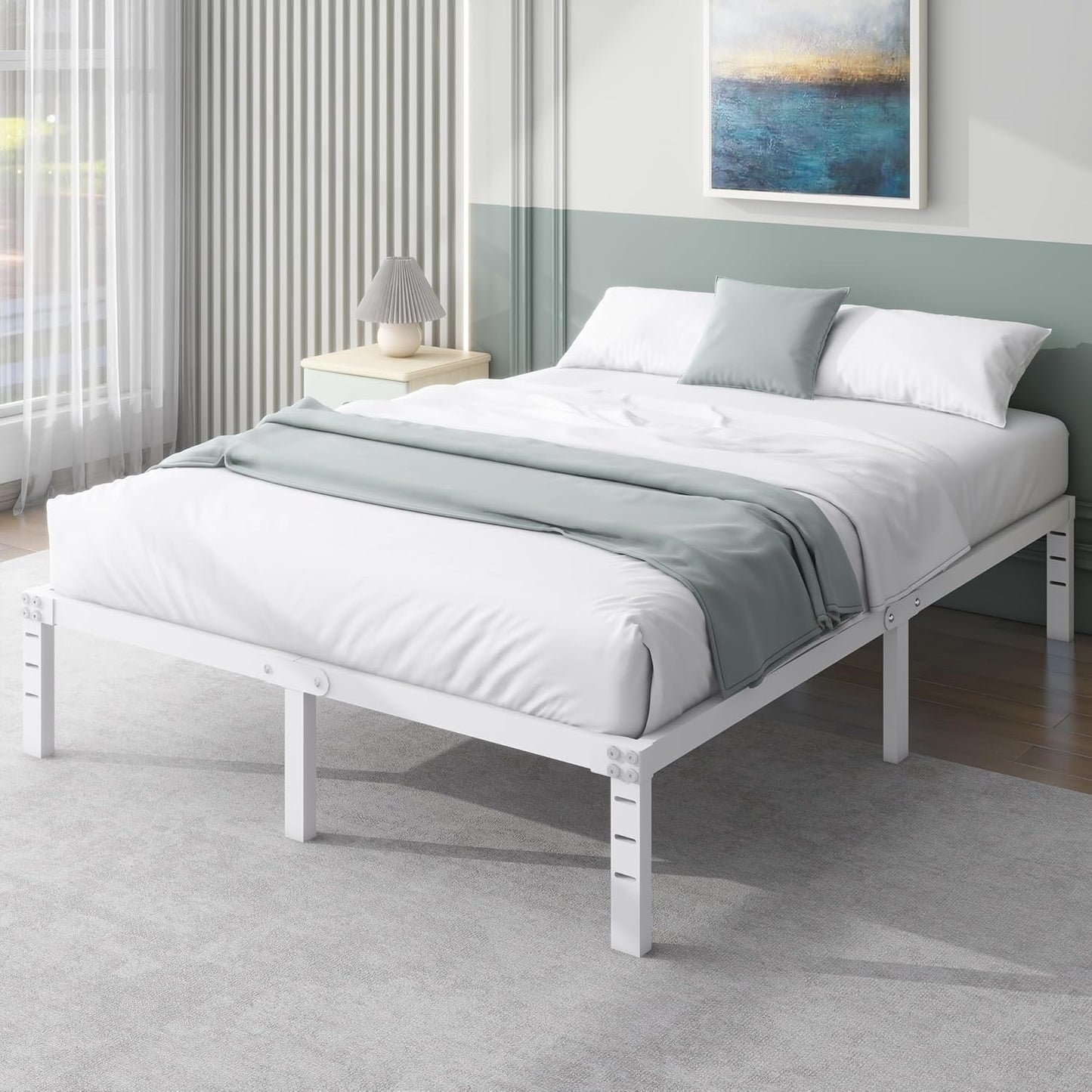 14 Inch Metal Platform Bed Frame No Box Spring Needed Heavy Duty Steel Slat Bed Frame Underbed Storage,White (Full)