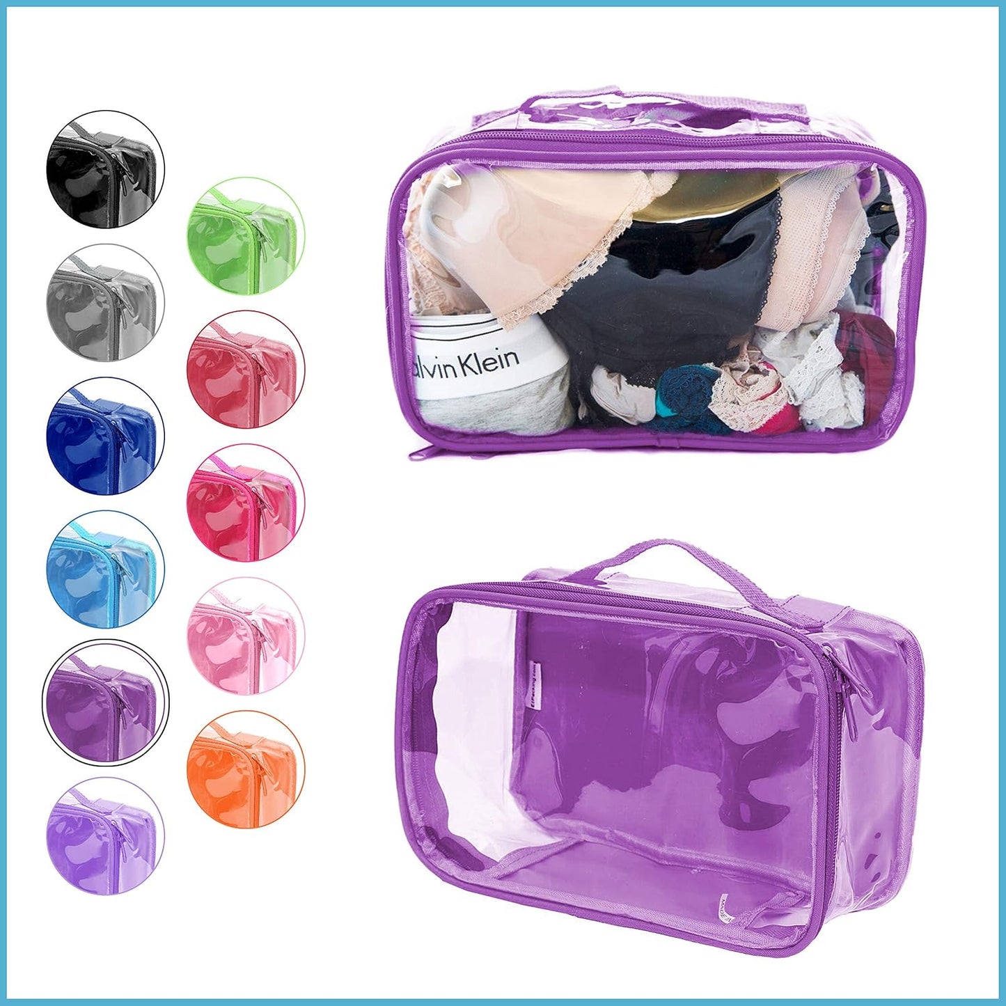 Small Clear Travel Packing Cube/See Through PVC Plastic Pouch for Carry On Suitcase, Backpack or Diaper Bag/Transparent Multipurpose Accessories, Makeup & Underwear Organizer w/Handle (Purple)