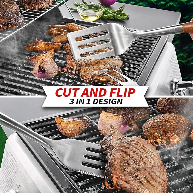 Heavy-Duty Rose Wooden BBQ Grilling Tools Set. Extra Thick Stainless Steel Multi-Function Spatula, Fork & Tongs | Essential Accessories for Barbecue & Grill. Ideal Gift for Fatherโฆ