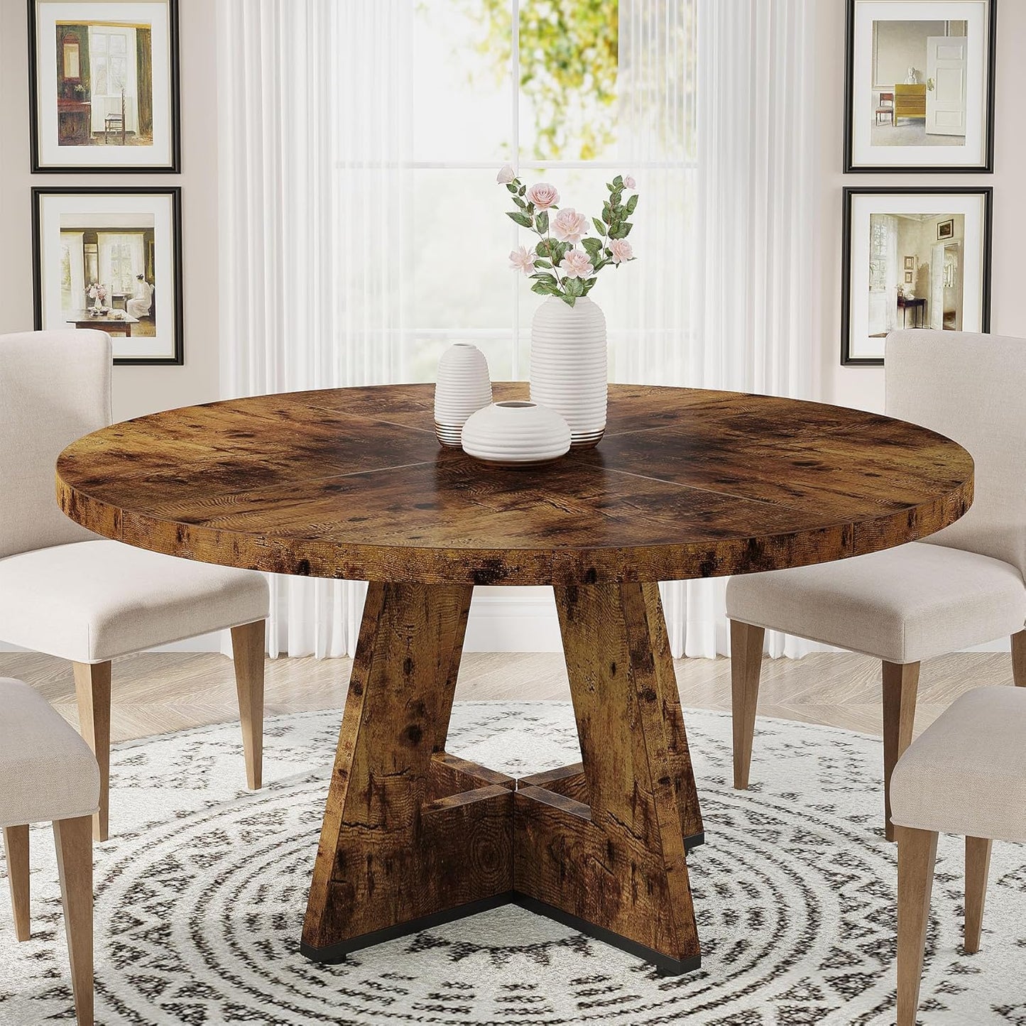 Tribesigns Round Dining Table Wood Kitchen Table for Dining Room, 47" Dinning Room Tables for 4 Adult, Farmhouse Dinner Table with Wooden Tabletop and Cross Base, Vintage