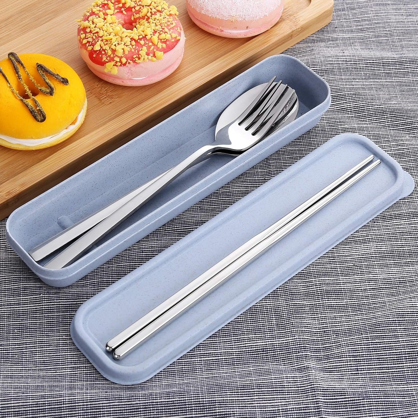 Sunwinc 3 Pcs Camping Silverware,Stainless Steel Travel Outdoor Flatware Set Chopsticks Spoon Fork/Portable Travel Work Utensils Cutlery Set with a Wheat Straw Case