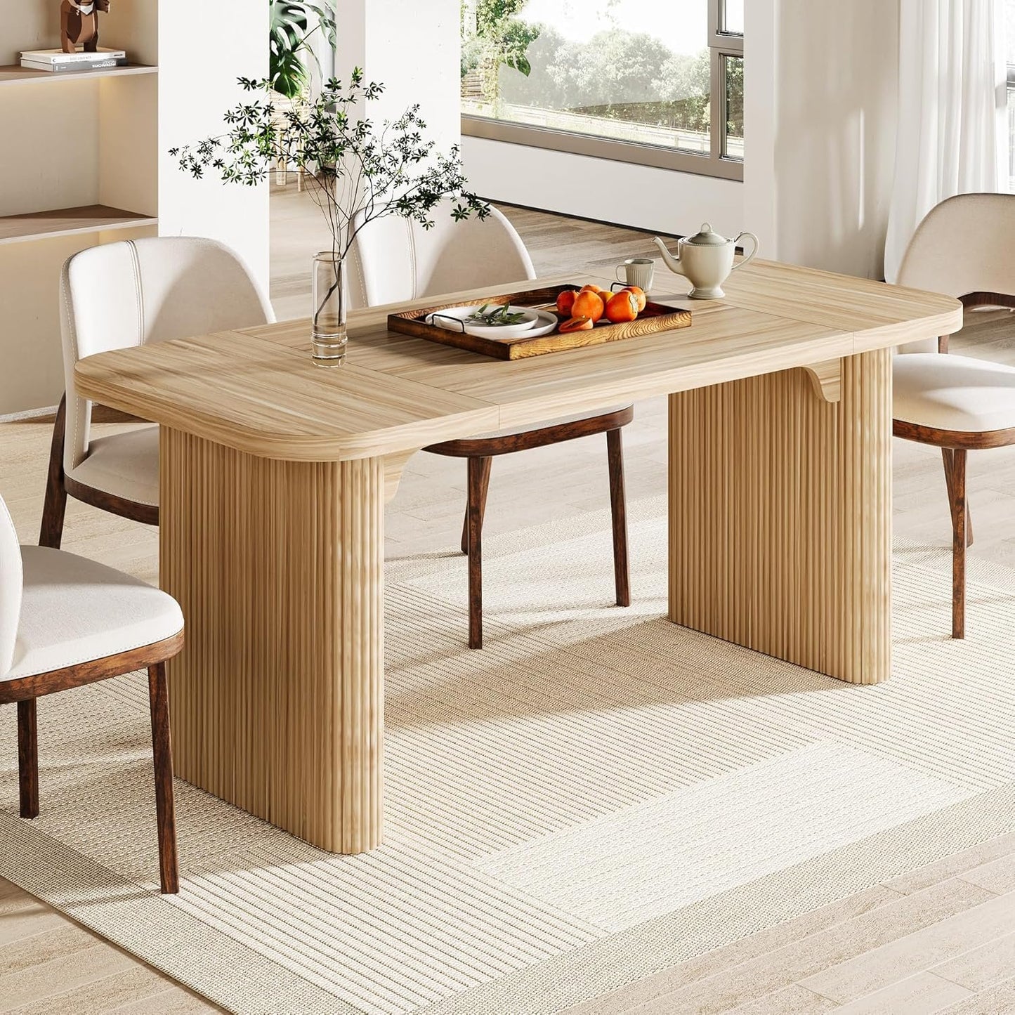 Tribesigns Farmhouse Dining Table for 4-6 People, 62-Inch Modern Kitchen Table with Double Robust Pedestal, Long Rectangular Wooden Dinner Table for Dining Room, Natural (Only Table)