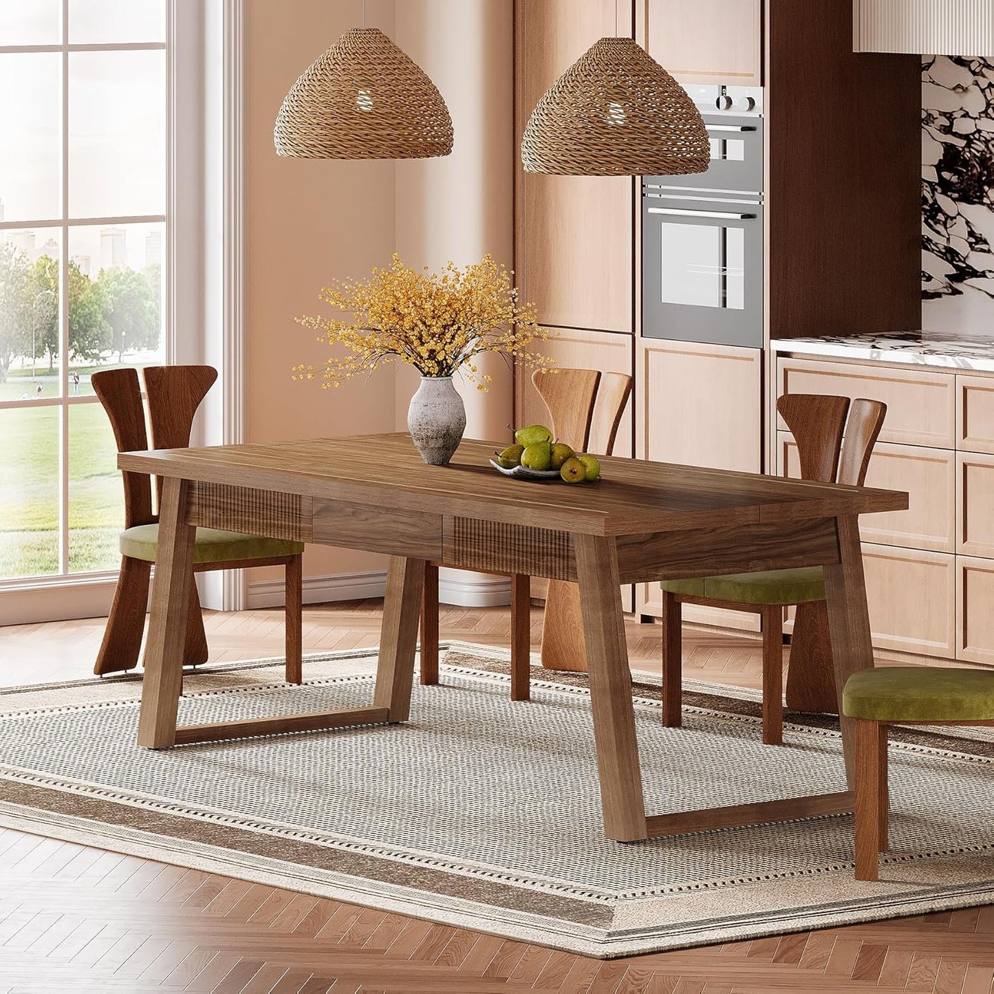Tribesigns 55'' Dining Table with Storage Drawer, Rectangular Dinner Kitchen Table with Solid Wood Legs for 4-6 People, Mid-Century Modern Desk for Dining Room, Walnut Brown