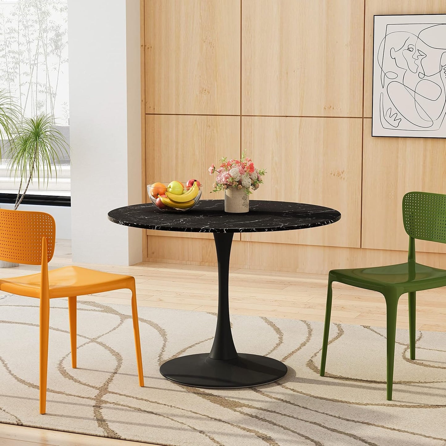 Modern Round Dining Table Tulip Table for 4-6 Persons, Wooden MDF Top Black Marble Pattern Mid-Century Leisure Table for Kitchen (Black Marble, 42")
