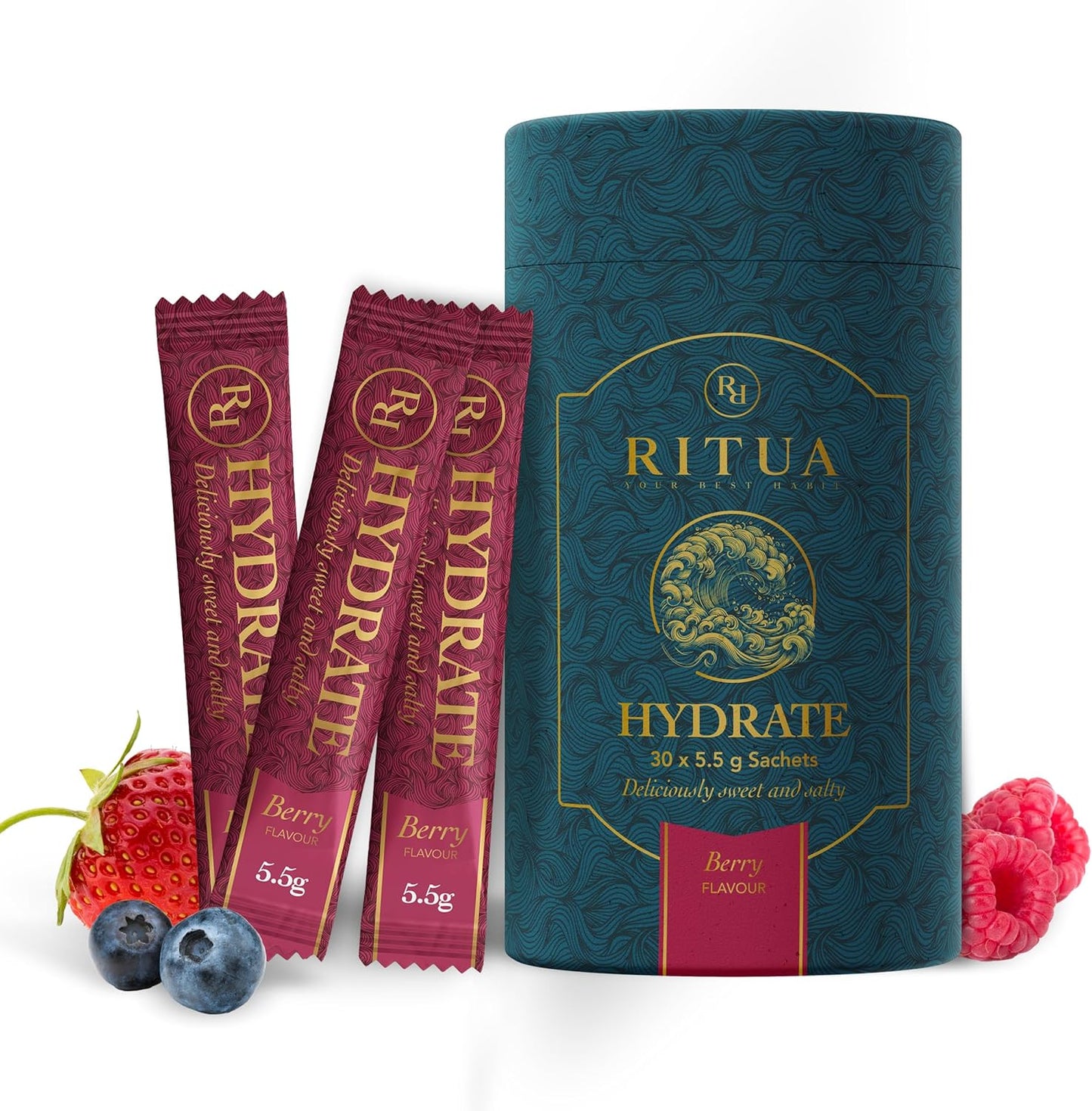 RITUA Zero Sugar HYDRATE Electrolyte Powder, Ideal Pre-workout and Post-workout Powder, Zero Carbs Energy Drink, 1000mg Sodium Per Serve, Natural Flavours and Sweeteners, 30 Sachets (30 Sachets, Berry)