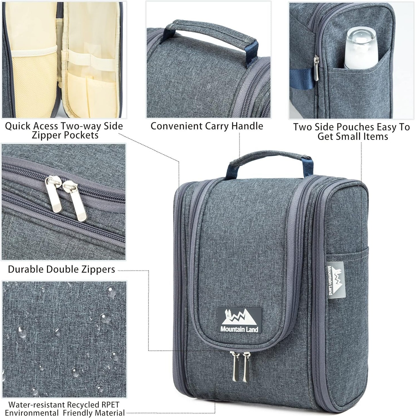 Mountain Land Hanging Travel Toiletry Bag-Recycled RPET Fabric for Women and Men Hygiene Bag, Bathroom and Shower Organizer Kit with Elastic Band Holders for Toiletries Cosmetics Makeup Brushes Gray