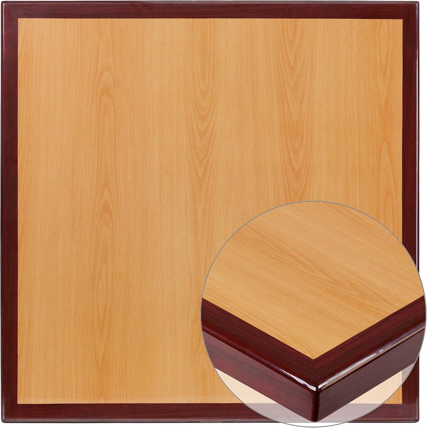 Flash Furniture Glenbrook 30'' Square 2-Tone High-Gloss Cherry / Mahogany Resin Table Top with 2'' Thick Drop-Lip