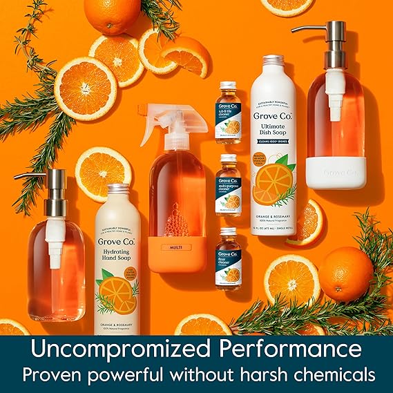 Grove Co. Glass Cleaner, Refill Concentrate (6 x 1 Fl Oz) Streak Free, Plant-based Household Cleaning Supplies, No Plastic Waste, Orange & Rosemary Fragrance, 3 x 2 Pack Refills