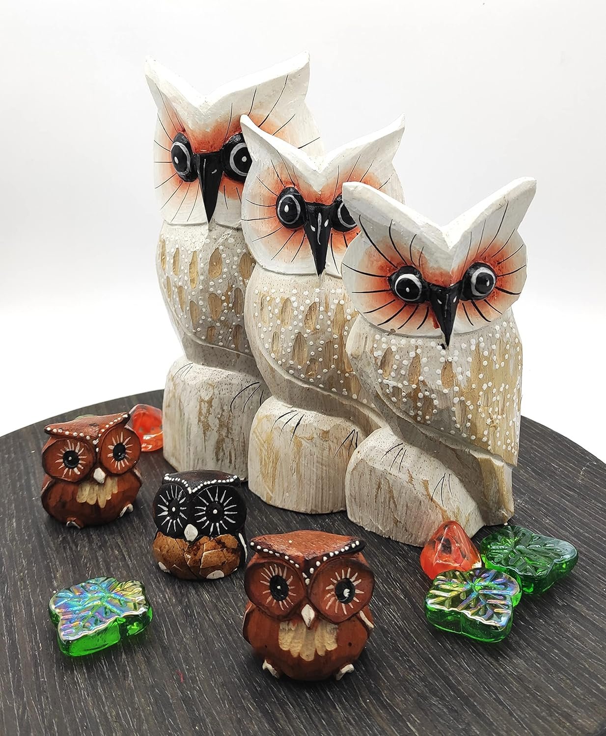 SusggO Set of 3 Wooden Animal Figurines, Lucky Owl, Lucky Cat, Turtle, Fish, Decoration, Hand Carved Furniture Decoration (3 Owls White Wings Dots Mod 1)