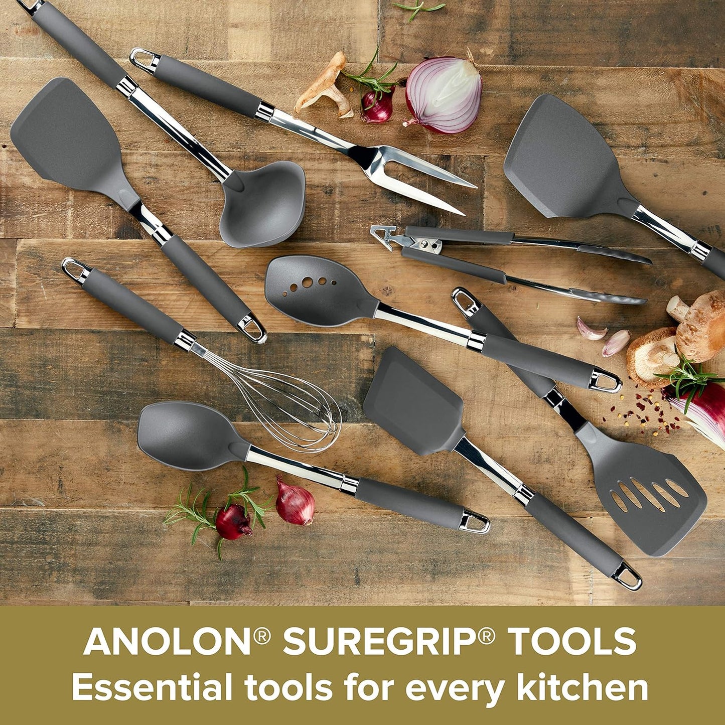 Anolon Gadgets Utensil Kitchen Pasta Cooking Tools Set, 3 Piece, Graphite Gray