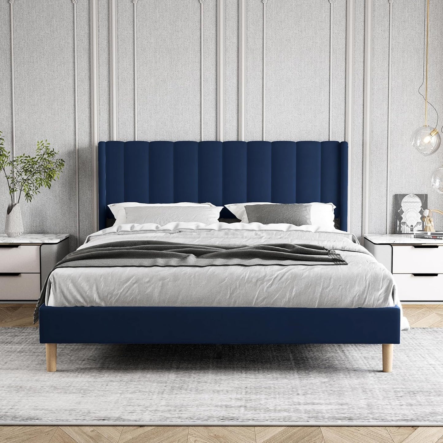 Zoophyter Upholstered Platform Bed Frame Queen Size with Headboard Mattress Foundation Strong Wooden Slats Support Easy Assembly No Box Spring Needed Blue Velvet
