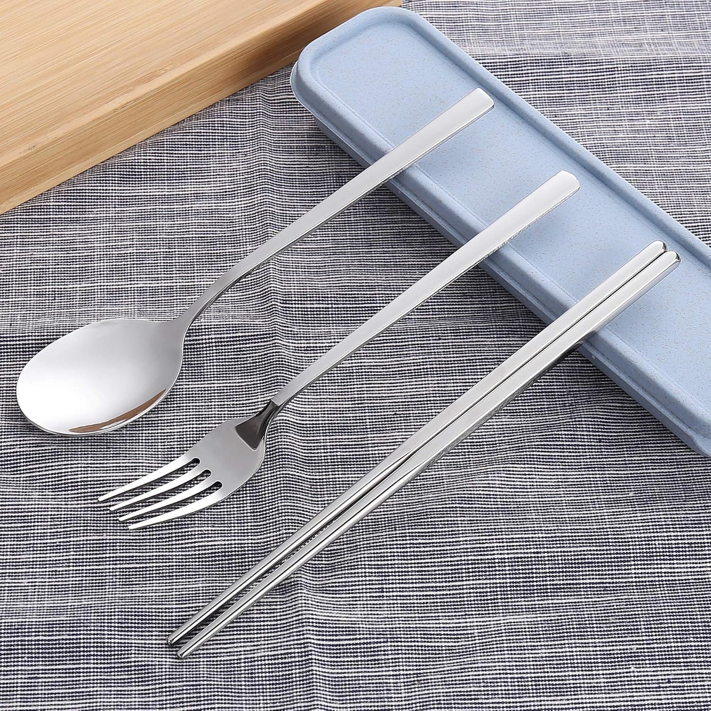 Sunwinc 3 Pcs Camping Silverware,Stainless Steel Travel Outdoor Flatware Set Chopsticks Spoon Fork/Portable Travel Work Utensils Cutlery Set with a Wheat Straw Case