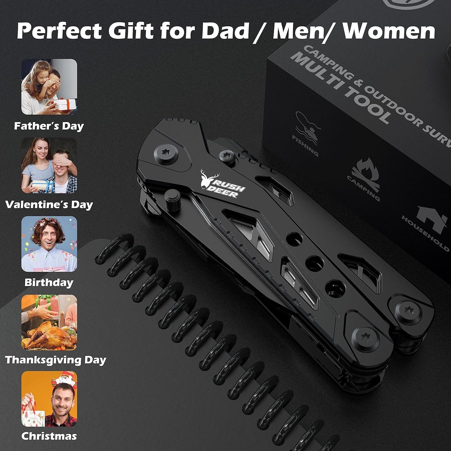 Multitool Knife Camping Survival Knife Unique Gifts for Men Dad Husband 16 in 1 Pocket Multitools Knife Pliers Screwdrivers Bottle Opener, Multi Tool Gadgets with Safety Lock Nylon Sheath