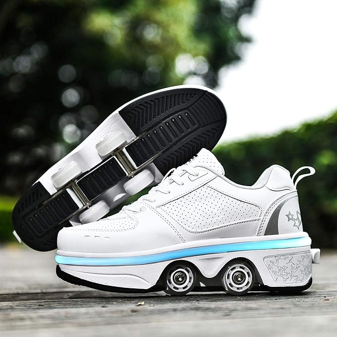 Roller Shoes Girls Boys Wheel Shoes Kids Quad Roller Skates Shoes LED Light Up Shoes 2 in 1 Parkour Shoes/Outdoor Rollers