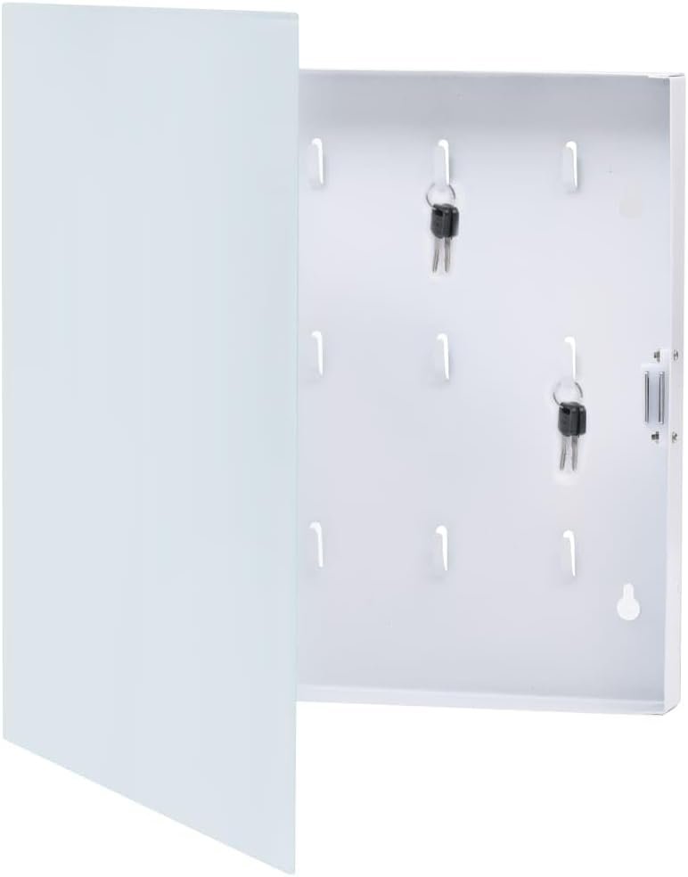 vidaXL White Key Box with Magnetic Board 35x35 cm - Steel and Tempered Glass, Wall-Mounted Storage Organizer for Home and Office