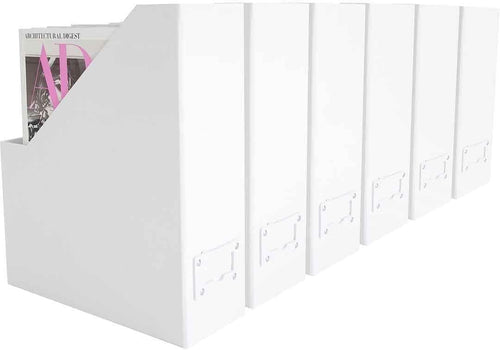 BLU MONACO Declutter in Style with a Set of 6 White Magazine File Bins with White Leather Label Holders - Fashionable Décor for Workspace Organization - Foldable Magazine Boxes