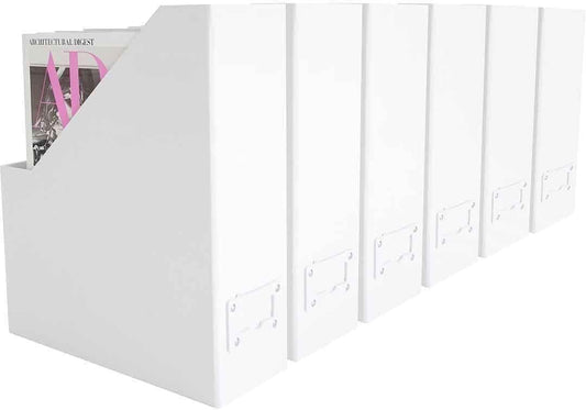 BLU MONACO Declutter in Style with a Set of 6 White Magazine File Bins with White Leather Label Holders - Fashionable Décor for Workspace Organization - Foldable Magazine Boxes