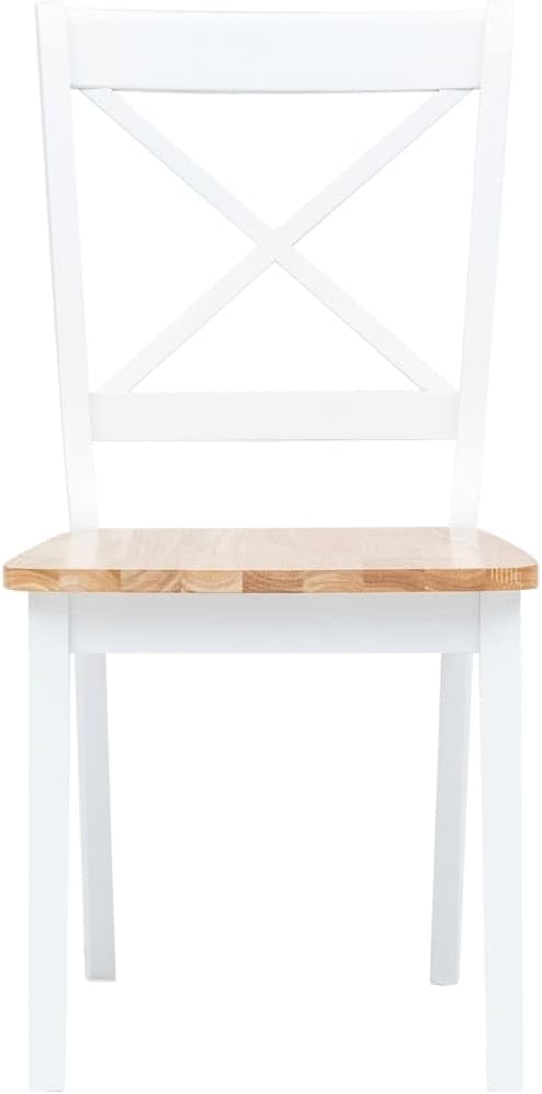 vidaXL Solid Rubber Wood Dining Set - 5-Piece White/Brown Round Table with 4 Chairs, Durable MDF Veneer Tabletop - Elegant Farmhouse Style for Kitchen/Dining Room