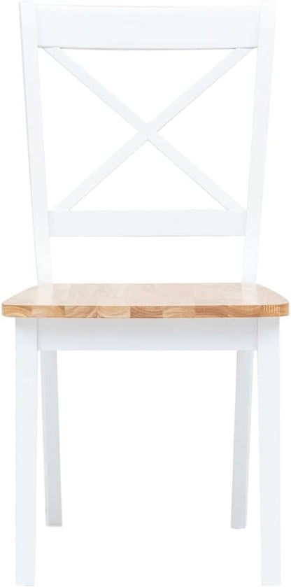 vidaXL Solid Rubber Wood Dining Set - 5-Piece White/Brown Round Table with 4 Chairs, Durable MDF Veneer Tabletop - Elegant Farmhouse Style for Kitchen/Dining Room