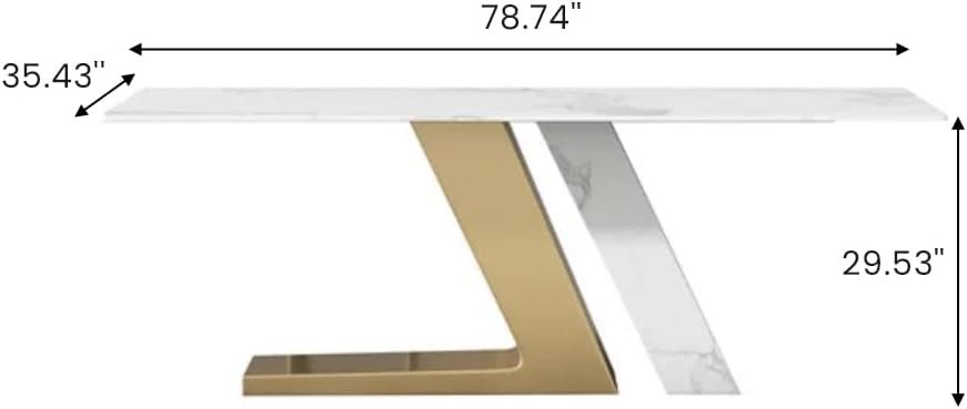 POVISON Modern Dining Table, White Dining Table for 6-8, Marble Dining Table with Rectangular Sintered Stone Tabletop, Z-Shaped Stainless Steel Base,White and Gold,78" Kitchen Table for Dining Room