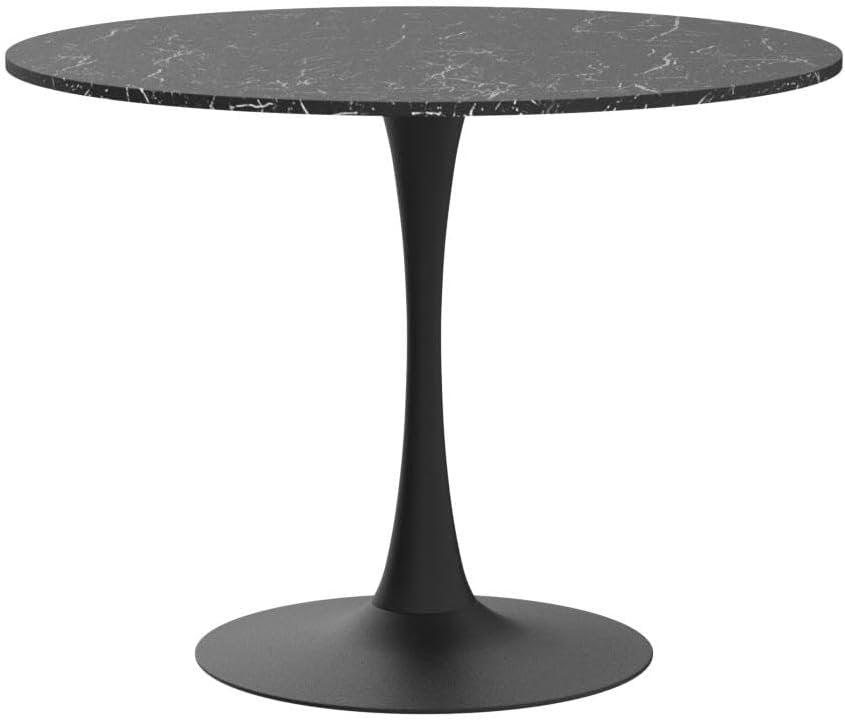 Modern Round Dining Table Tulip Table for 4-6 Persons, Wooden MDF Top Black Marble Pattern Mid-Century Leisure Table for Kitchen (Black Marble, 42")