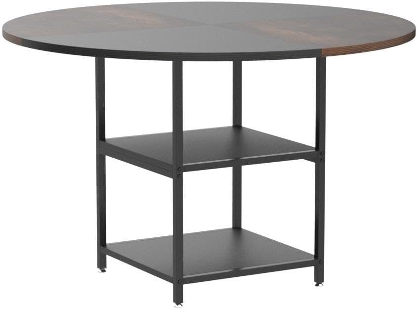 Tribesigns 47 inch Round Dining Table for 4, Wood Kitchen Table Large Dinner Table with Storage Shelf Metal Legs for Home Dining Room Living Room, Black Rustic Brown