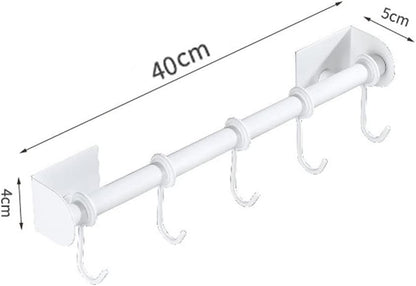Celbon Kitchen Utensils Hanger Bar 40 cm Self-Adhesive White Aluminium Kitchen Utensils Holder with 5 Hooks Movable Wall Rail Kitchen for Kitchen Bathroom Gadgets Pans Cups Umbrella