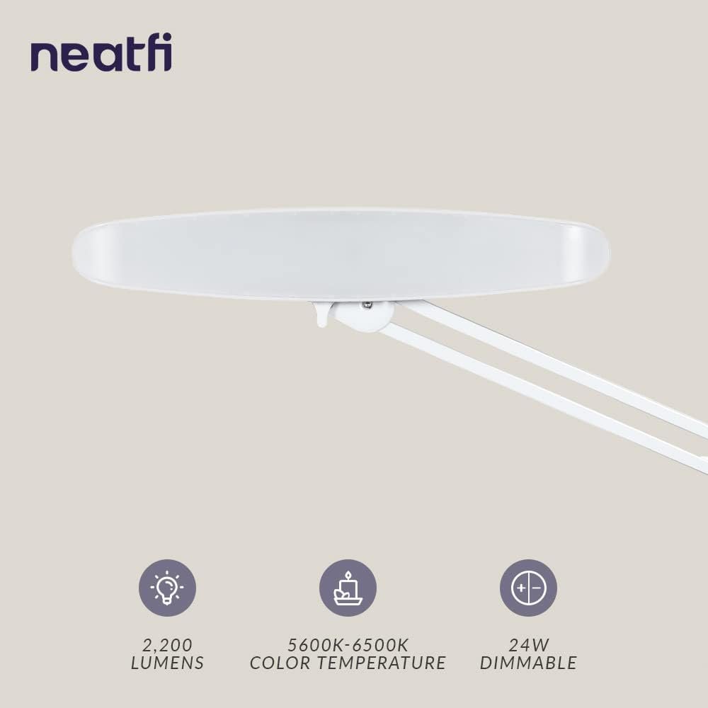 Neatfi XL 2,200 Lumens LED Task Lamp with Clamp, 24W Super Bright Desk Lamp, 50CM Wide Lamp, 4 Level Brightness, Dimmable, Eye-Caring LED Lamp, 117 Pcs SMD LED (Non-CCT with Clamp, White)