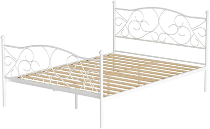 Artiss Double Metal Bed Frame with Headboard(Base Only), Metal Platform Bed with Easy Assembly, 300kg Capacity Heavy-Duty Metal Slats with Under Bed Storage for Master Bedroom/Guest Room, White